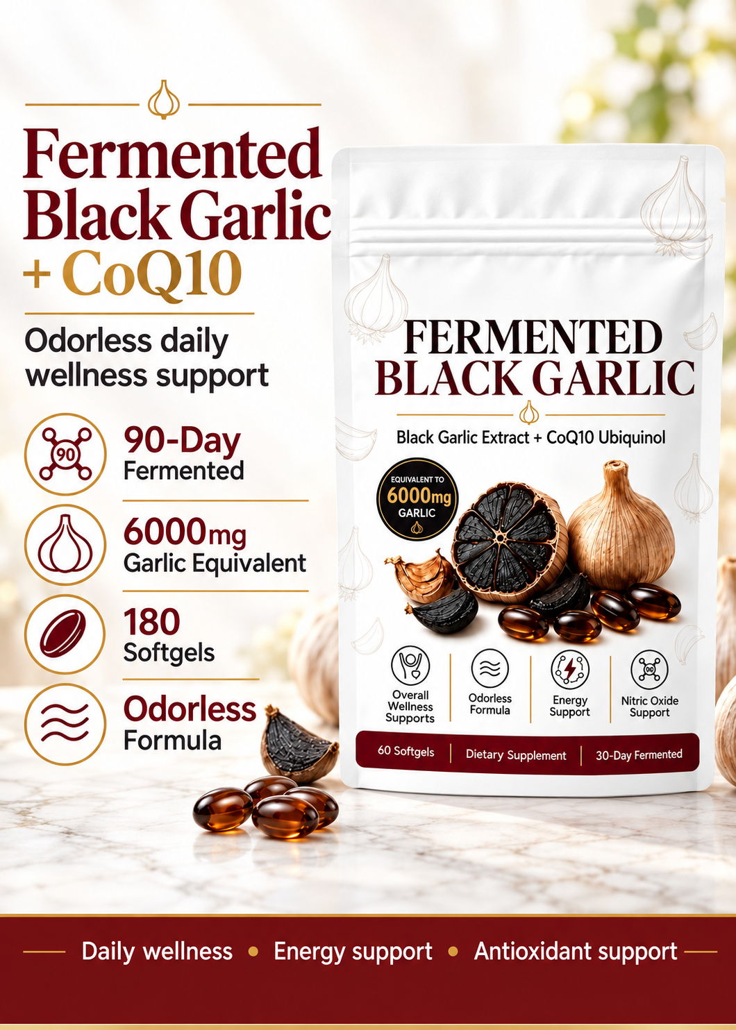 60 Fermented Black Garlic 6000mg Softgels with CoQ10 Odourless Supplement
