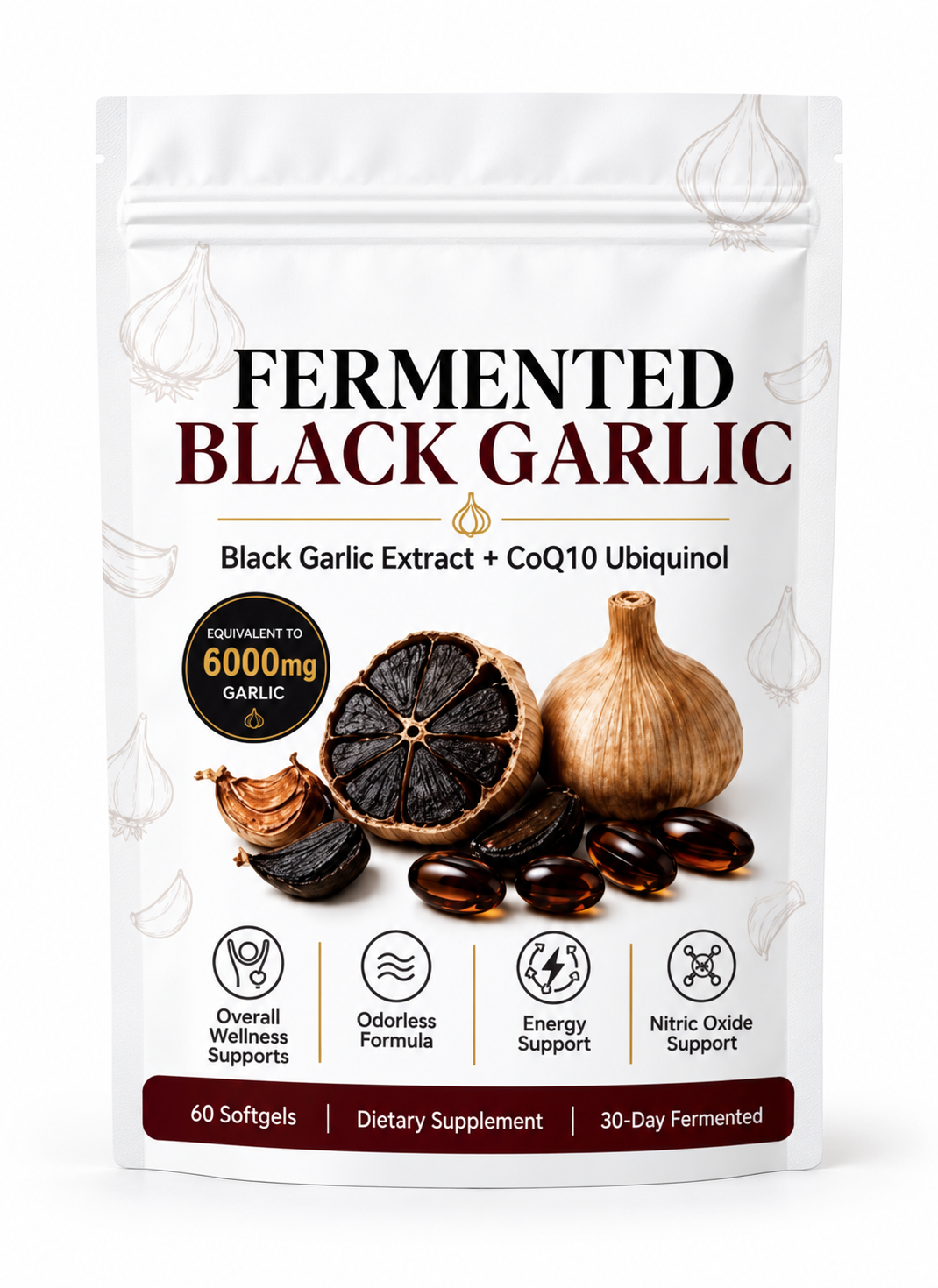 60 Fermented Black Garlic 6000mg Softgels with CoQ10 Odourless Supplement