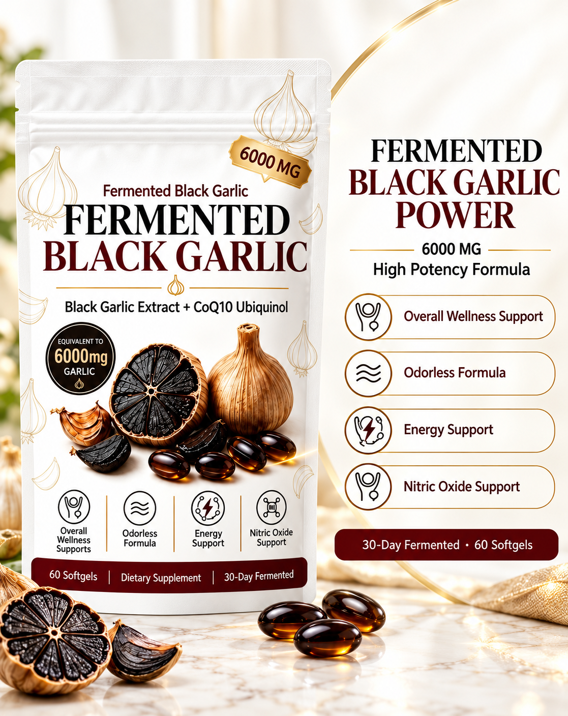 60 Fermented Black Garlic 6000mg Softgels with CoQ10 Odourless Supplement
